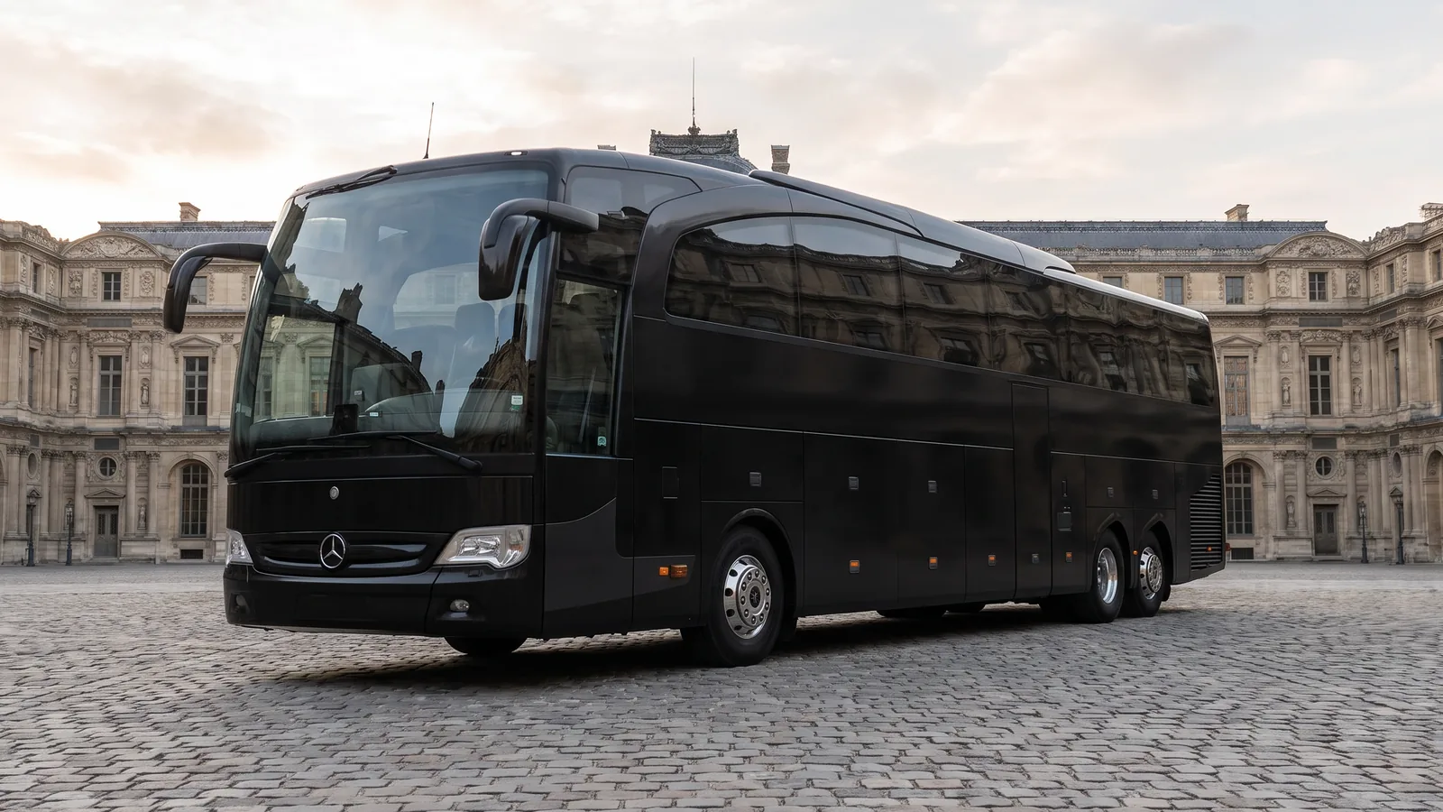 Autocar Mercedes-Benz noir à trois essieux, trois quarts avant, dans la cour pavée d'un hôtel particulier parisien