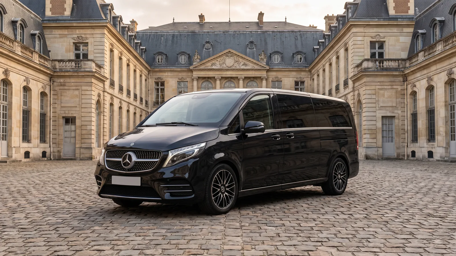 Mercedes-Benz Classe V noire, trois quarts avant, dans la cour pavée d'un hôtel particulier parisien