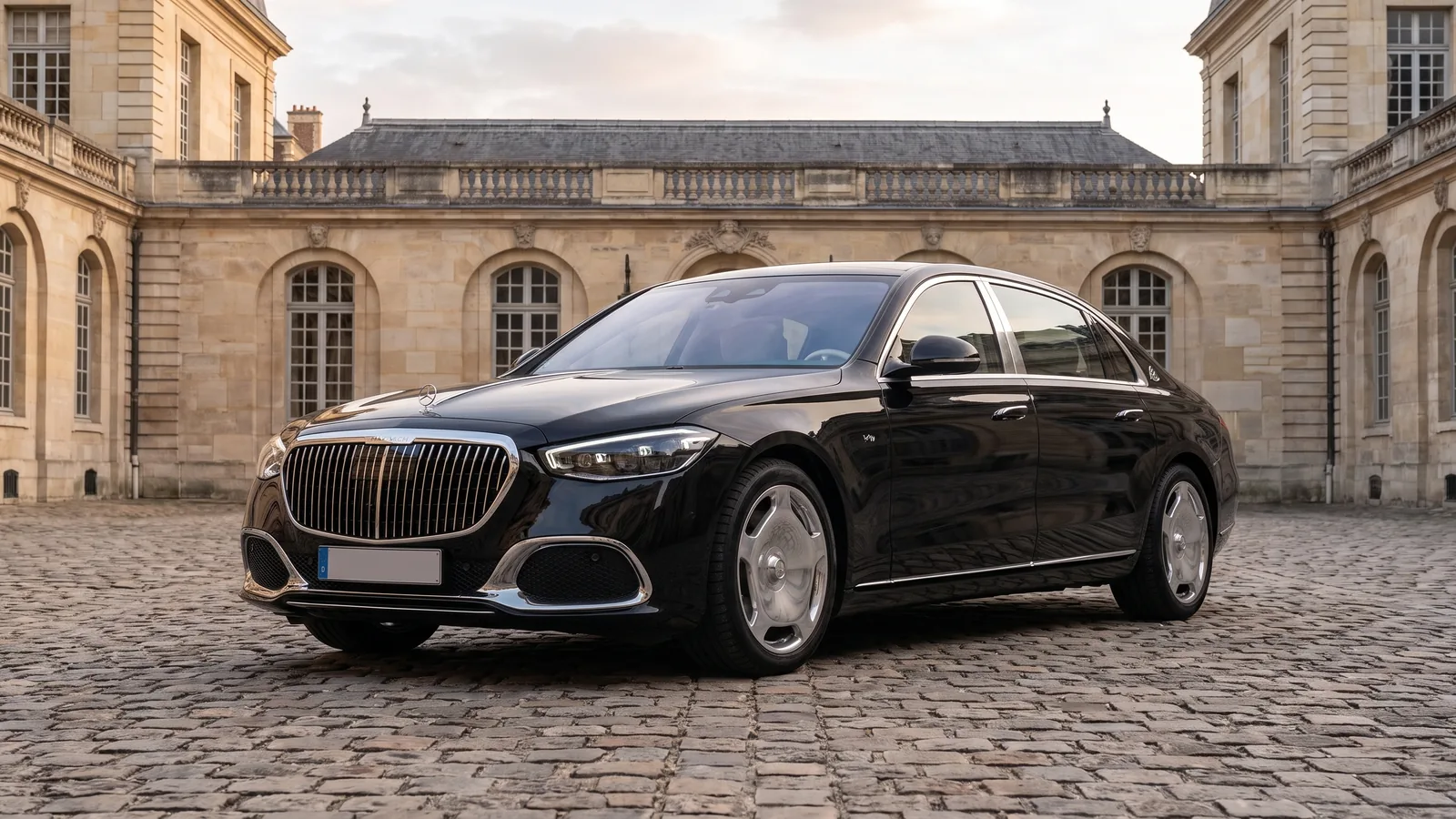 Mercedes-Maybach Classe S noire, trois quarts avant, dans la cour pavée d'un hôtel particulier parisien