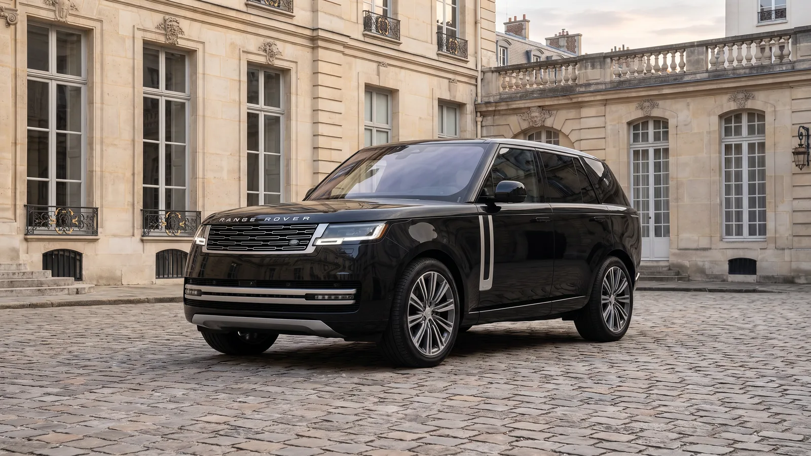 Range Rover noir, trois quarts avant, dans la cour pavée d'un hôtel particulier parisien
