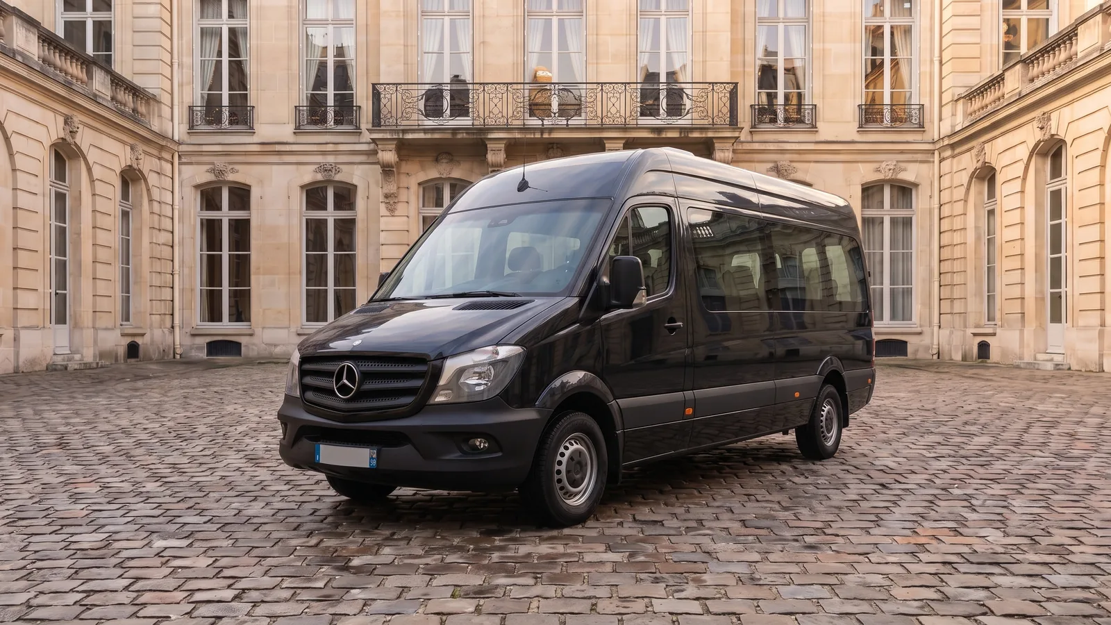 Mercedes-Benz Sprinter noir, trois quarts avant, dans la cour pavée d'un hôtel particulier parisien